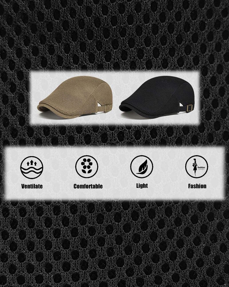 Men's Flat Caps - Adjustable Breathable Mesh Newsboy Beret | 2-Pack Irish Cabbie Hats