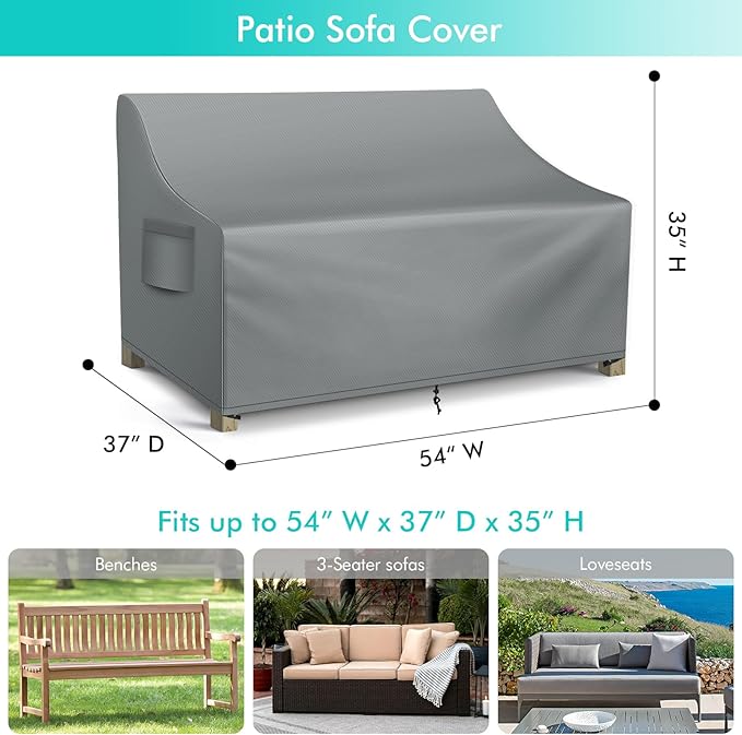 WLEAFJ Patio Sofa Cover Waterproof, Outdoor Loveseat Cover, Heavy Duty Outdoor Couch Cover, Large Lawn Patio Furniture Covers with Air Vent, 54’’ W x 37’’ D x 35’’ H, Grey