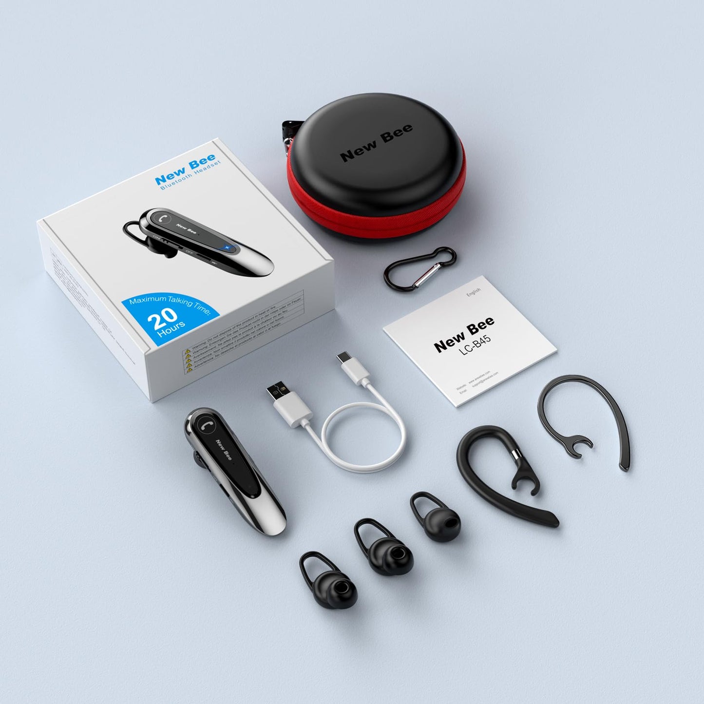 New bee Bluetooth Headsets with Dual Mic V5.0 Handsfree Bluetooth Earpiece with 25 Hrs Talking Time Mic Mute Two Device Connection for iPhone, Android and Laptop