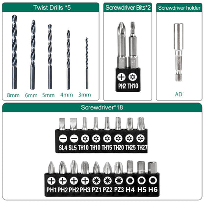HYCHIKA Cordless Drill Driver 12V, Electric Screwdriver 30N·m, 21+1 Torque Electric Drill, 2-Variable Speed LED Work Light, 1500mAh Li-Ion Battery 25Pcs Accessories for Home and Garden DIY Project