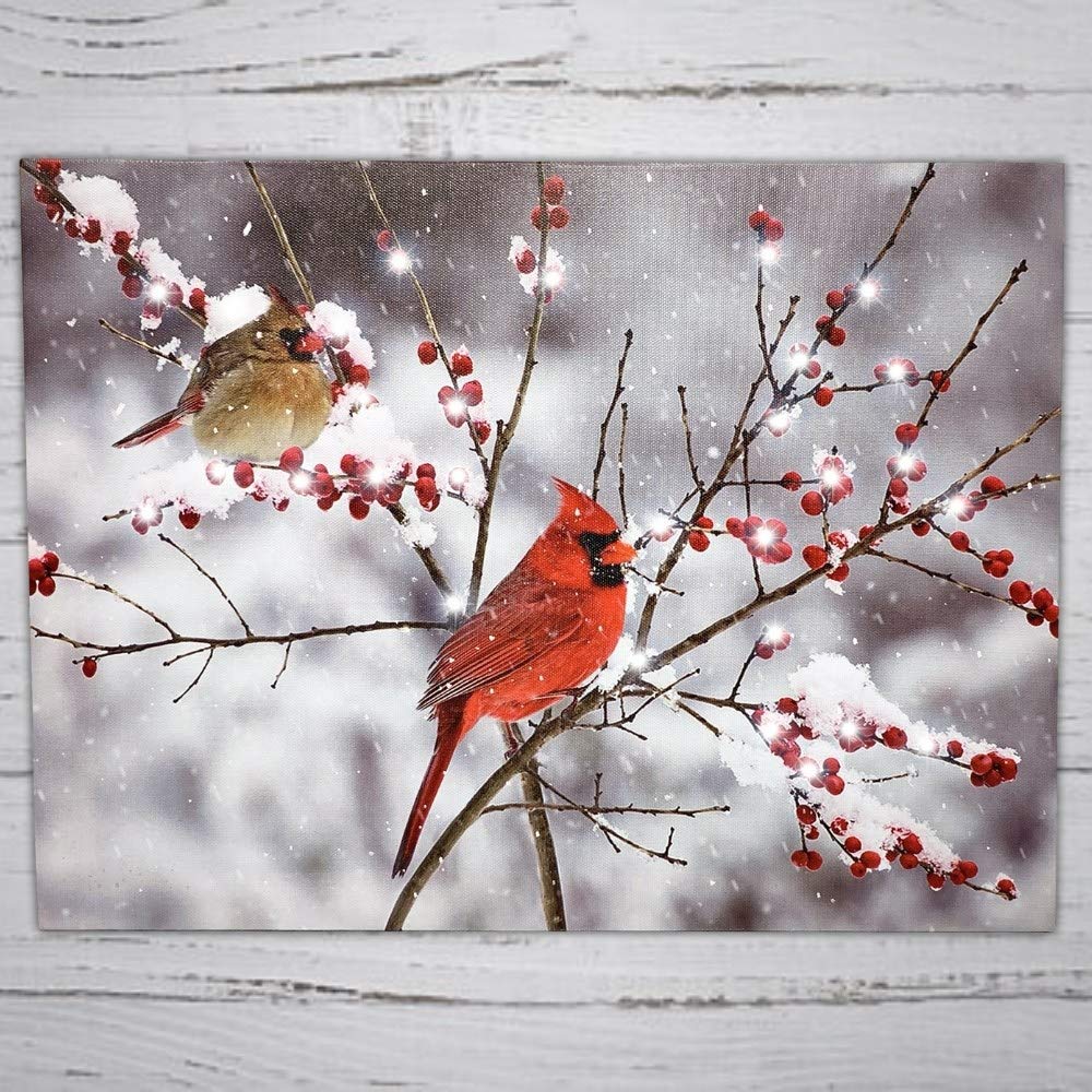 BANBERRY DESIGNS Lighted Cardinals in the Snow Canvas Print - LED Picture with Cardinal Couple and Holiday Berries - Measures 11.75" X 15.75"