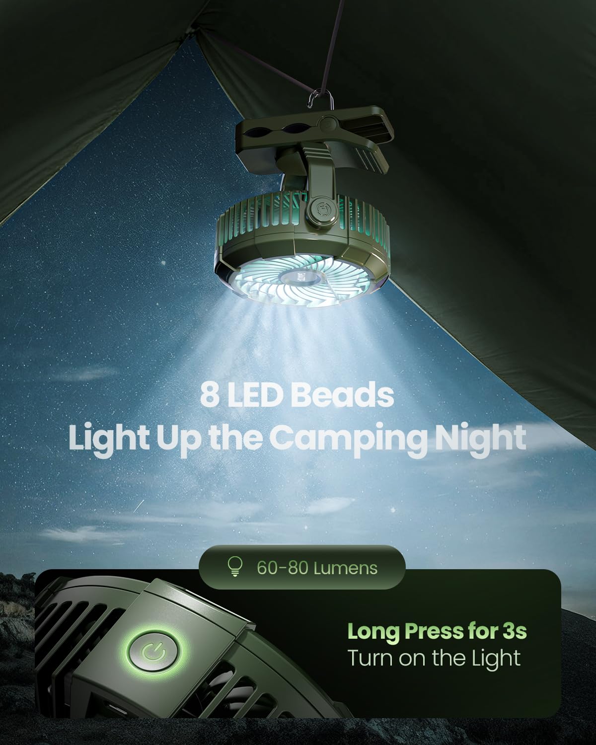 Gaiatop Portable Camping Fan with LED Lantern, 360°Rotation and Clip on for Desk, 4000mAh USB Rechargeable Battery Powered, Digital Display and Hanging Hook for Tent Outdoor Travel Bedroom Green