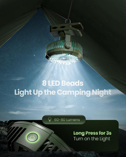 Gaiatop Portable Camping Fan with LED Lantern, 360°Rotation and Clip on for Desk, 4000mAh USB Rechargeable Battery Powered, Digital Display and Hanging Hook for Tent Outdoor Travel Bedroom Green