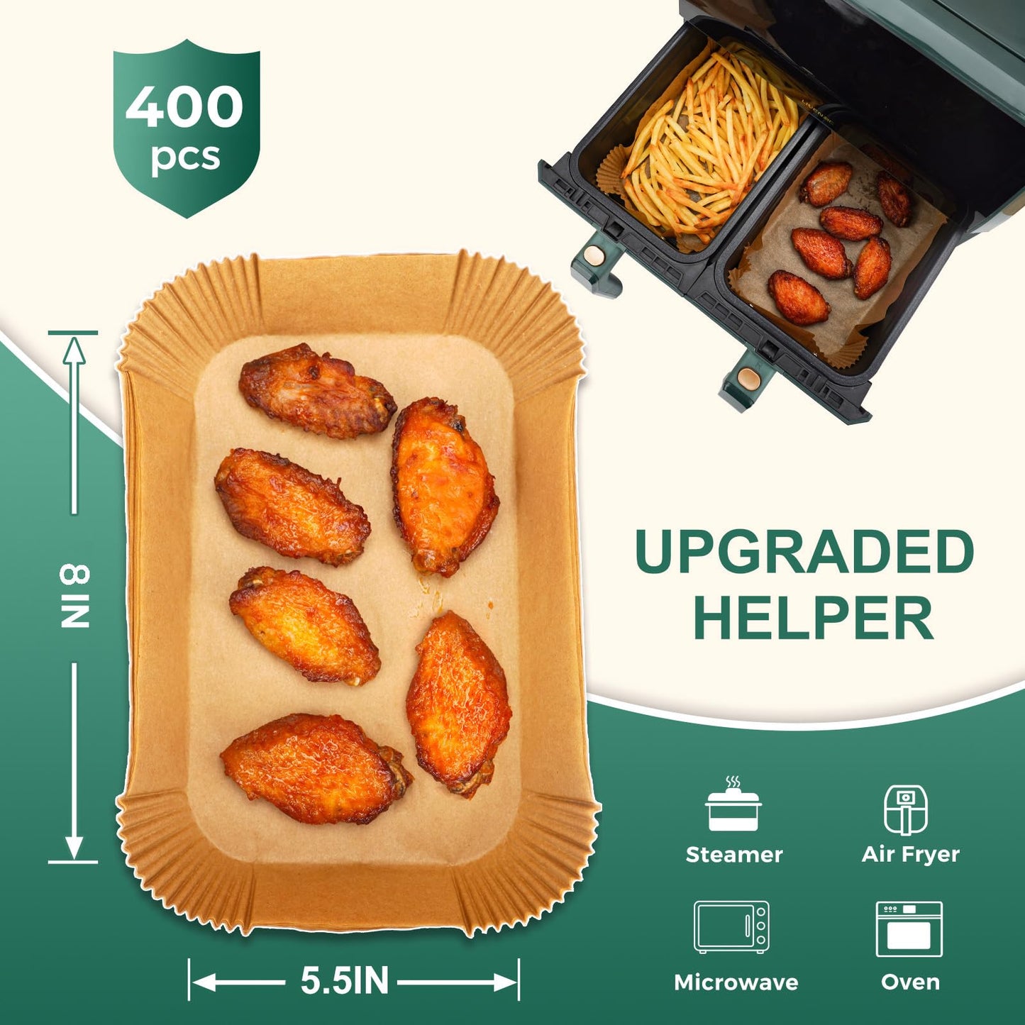 400 Pcs Air Fryer Paper Liners, 8" Square Air Fryer Liners Disposable, Heavy-Duty Parchment Paper for 5-8 qt Airfryer Basket, Non-Stick & Grease-Proof Baking Liner for Oven Pan