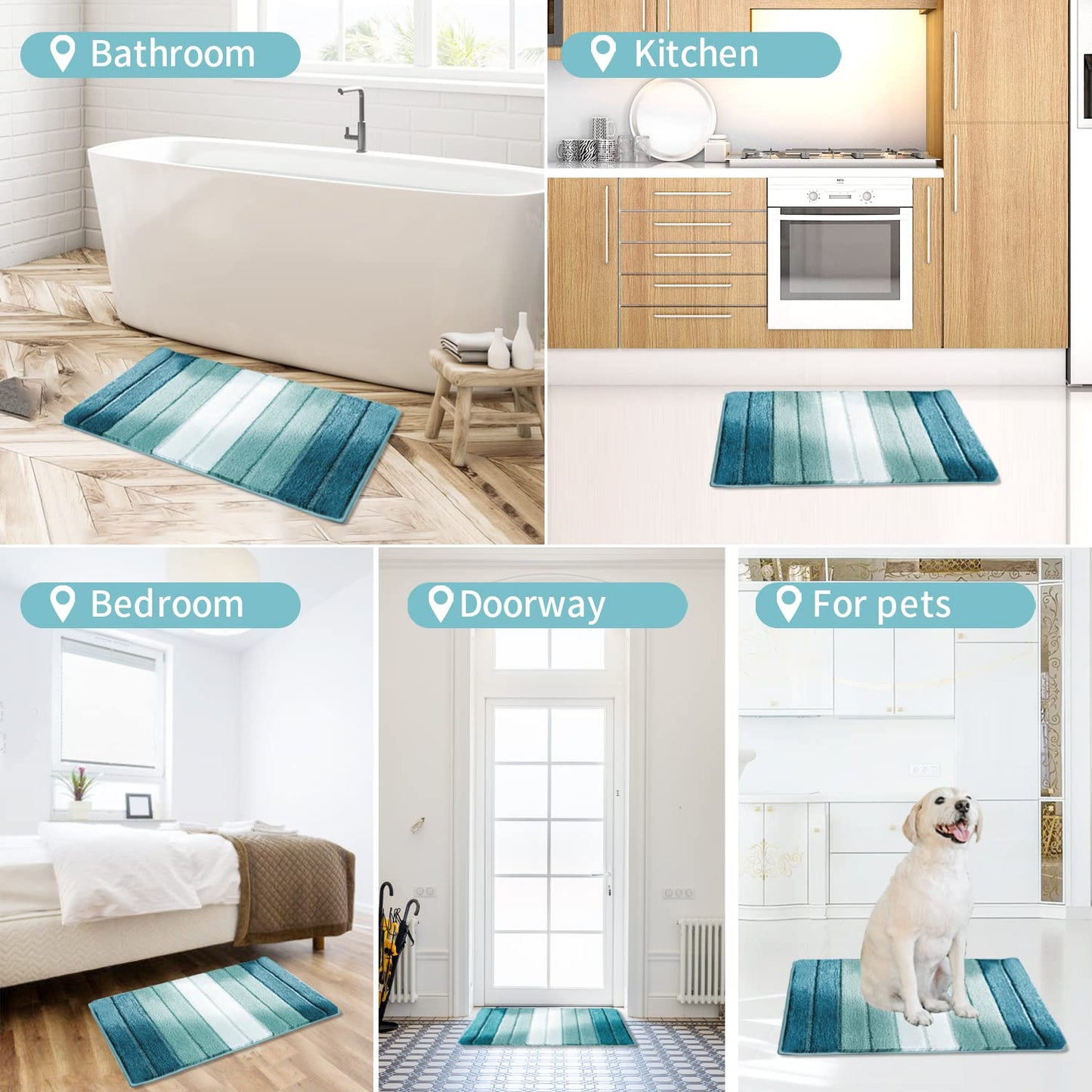 SiliPacks Small Bathroom Rugs 16"x24" Non-Slip Microfiber Carpet, Machine Washable Quick Dry Bath Mats for Bathroom, Bedroom and Kithchen -Turquoise