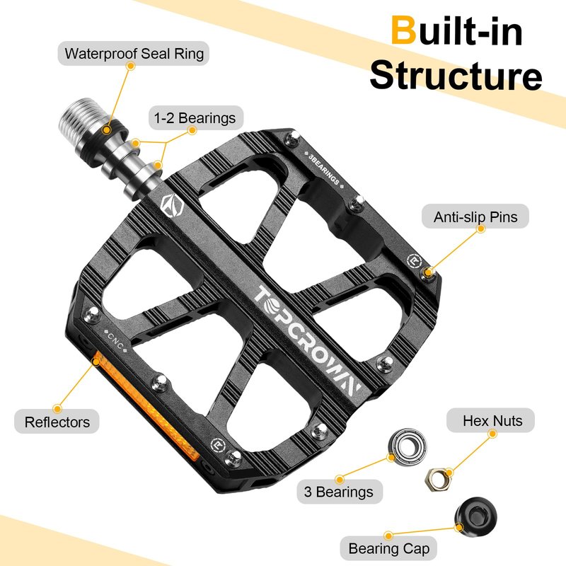 Topcrown Mountain Bike Pedals with Reflectors, Aluminum Metal Bicycle Flat Pedals 9/16" - 3 Sealed Bearings, Non-Slip Wide Platform with Removable Pins for MTB, Road Bike, BMX, Ebike (Black)