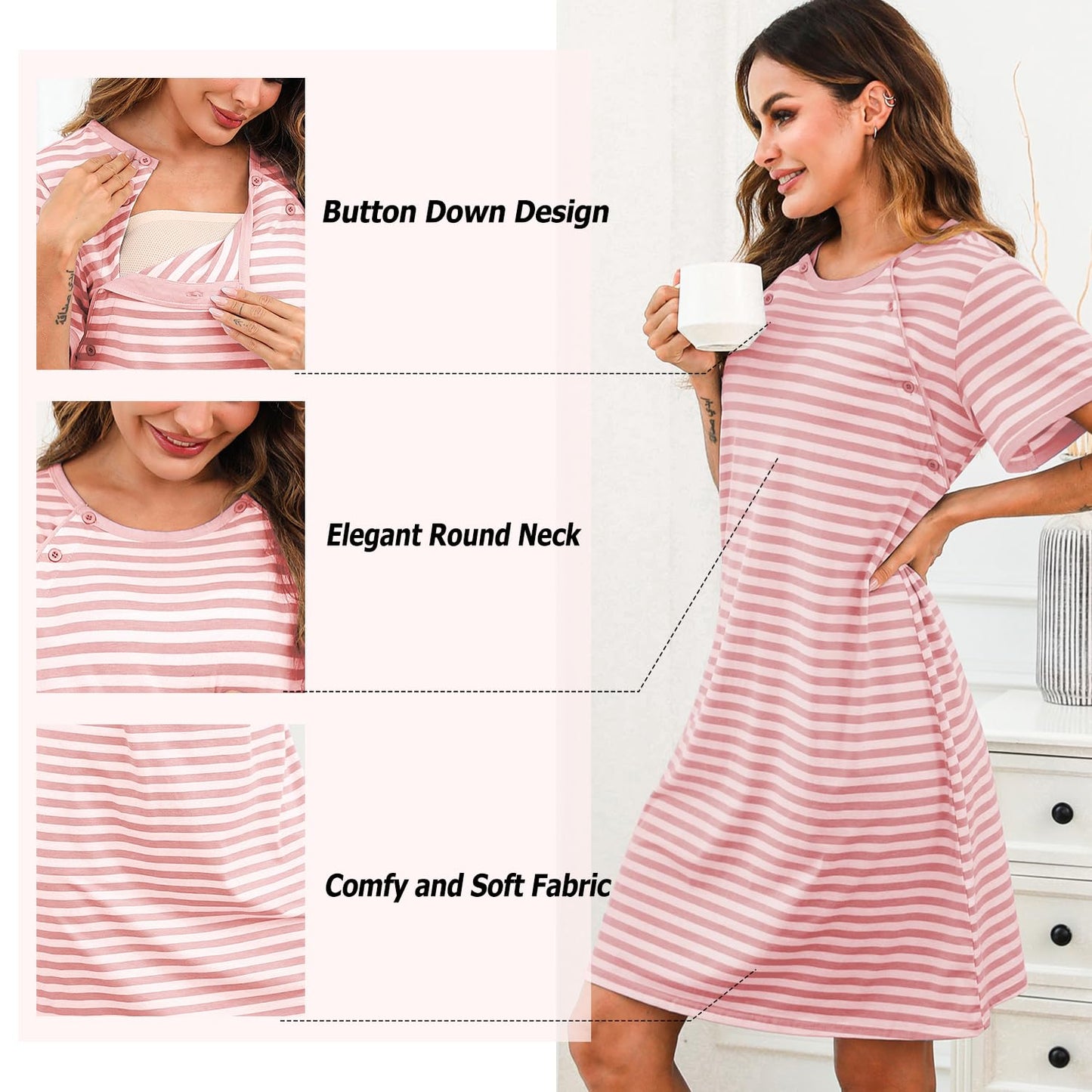 Sykooria Women's Maternity Nightdress Breastfeeding Nightwear Short Sleeve Nursing Nightgown Button Down Sleep Shirt V Neck Pajama Tops Soft Loungwear For Pregnant Women(Stripe Pink,M)