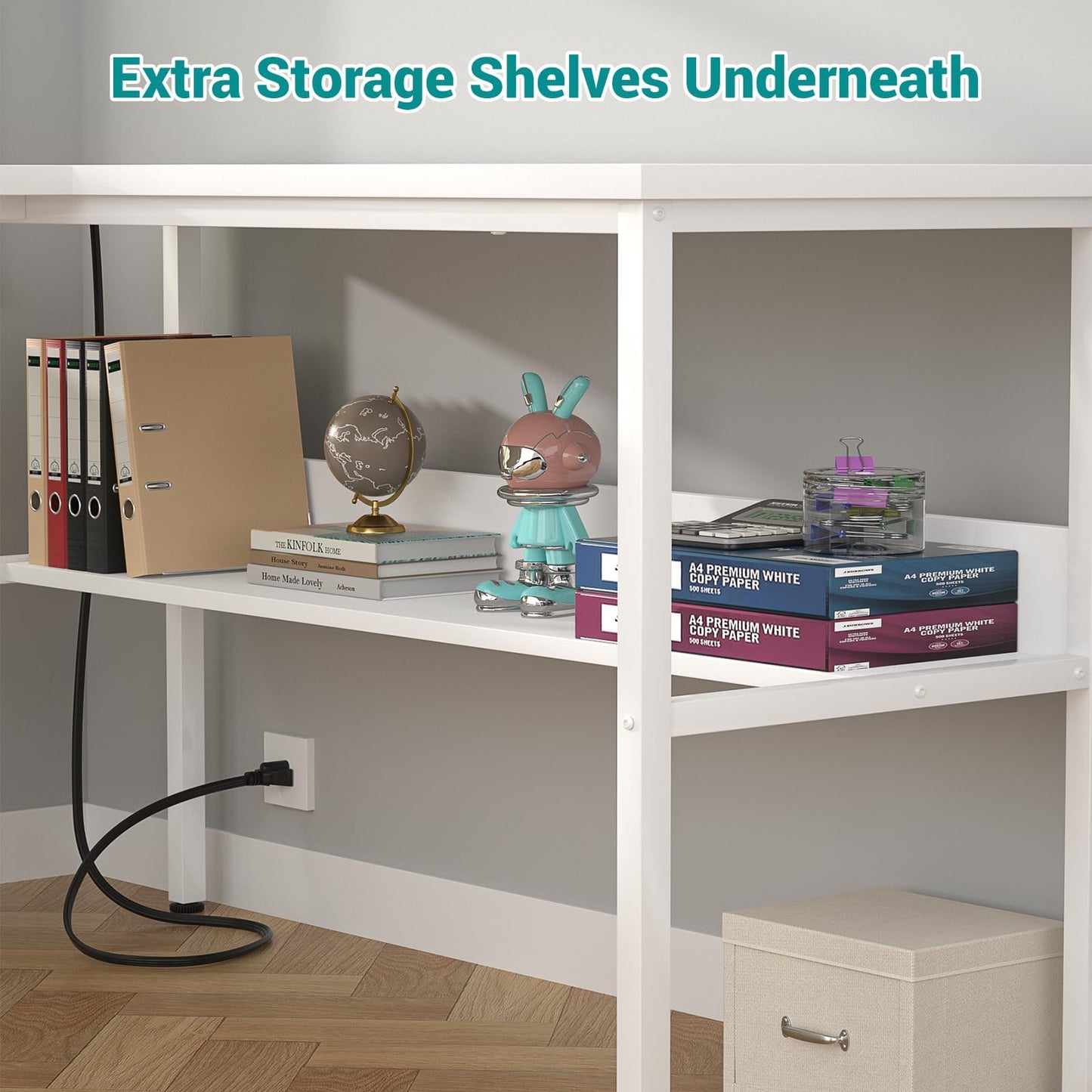 Hyomdeck Reversible L Shaped Gaming Desk with Power Outlets and USB Charging Ports, Sturdy Computer Desks with Storage Shelf, Modern Corner Desk Home Office Table, Easy to Assemble, White