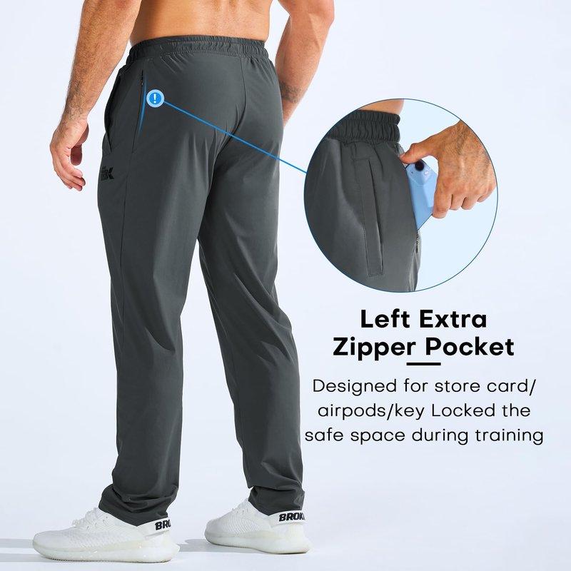 BROKIG Mens LightArmor Workout Sweatpants with Zip Pocket, UPF 50+ Stretch Gym Joggers Men Sweat Pants for Athletic(Small,Dark Grey)