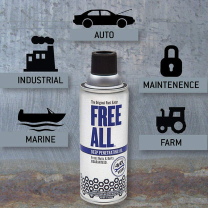 Free All Rust Eater Deep Penetrating Oil, 11 oz Aerosol – Loosens Rusted Bolts, Nuts, Pipe Connections & Locks – Industrial-Grade Rust Remover, Silicone-Free Lubricant, Safe on Paint, Plastic Surfaces