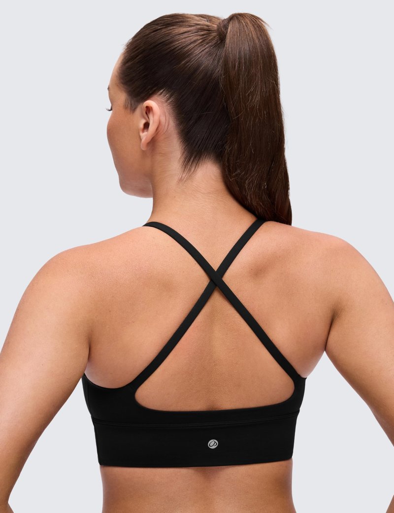 CRZ YOGA Butterluxe Thin Straps Cross Back Longline Sports Bras for Women - Padded V Neck Yoga Crop Top Black Large