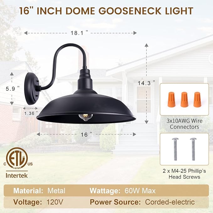 16 Inch Gooseneck Light Fixture for Barn Door, 2 Pack Large Barn Lights for Front Porch, Black Outdoor Farmhouse Light with Goose Neck Arm, Exterior Wall Dome Lighting for House Garage