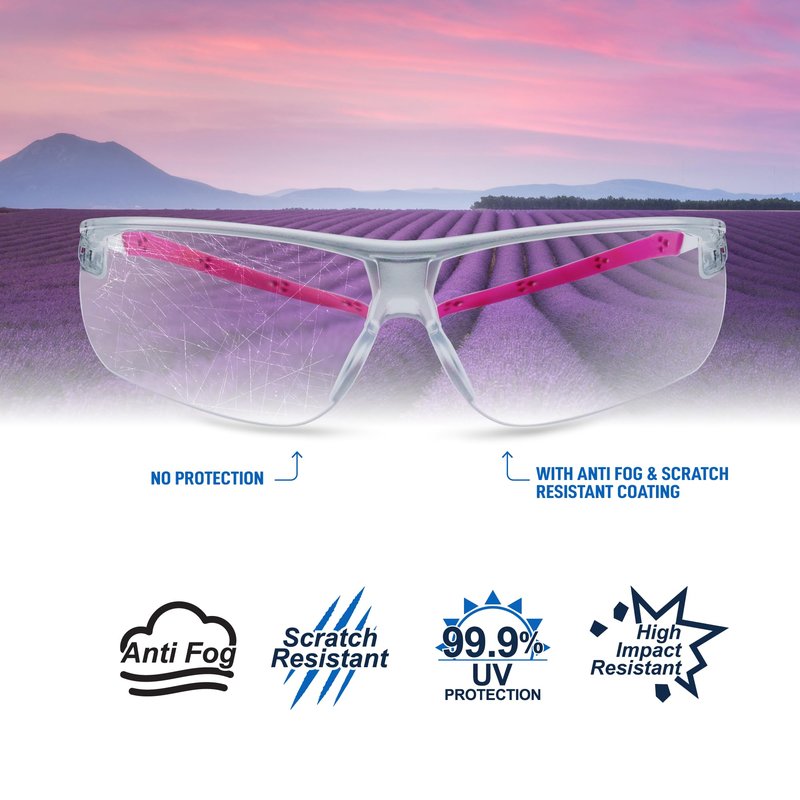 GE Safety Glasses - Scratch-Resistant Durability, Clear Protective Lenses, UV Shielding, Eye Protection, Outdoor, Indoor, Labs & Construction Safety Work Glasses for Men and Women - White/Pink