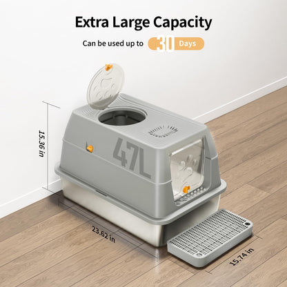 Eosarcu Stainless Steel Cat Litter Box with Lid, XL Large Enclosed High Sided Litter Box with Removable Lid, Carbon Filters -Odor Free, Easy Cleaning, Anti-Urine Leakage for Big Cats/Multiples-Grey