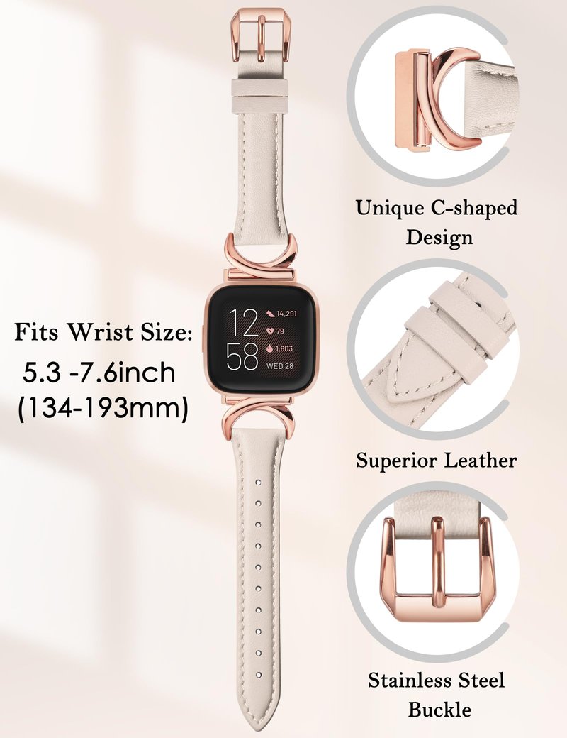 Minyee Leather Band Compatible with Fitbit Versa 2/Fitbit Versa/Versa Lite Bands Women, Slim Thin Dressy Designer Premium Leather Strap with C-Shape Metal Buckle for Versa 2 Watch, Starlight/Rose Gold
