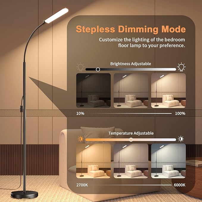 Floor Lamp, Bright 18W LED Standing Lamps for Living Room, Remote Stepless Adjustable Color and Brightness Dimmable with ON/Off Switch, Gooseneck Reading Lights for Bedroom Office, 1300LM Black
