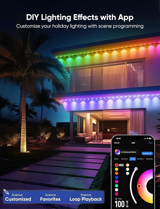 APPECK Permanent Outdoor Lights Pro 150ft, 108W RGBCW Eaves Lights with 108 LED Lights, 80lm, Cuttable, 111 Scene Modes, IP67 Waterproof Lighting for Halloween Decoration, Work with Alexa, White