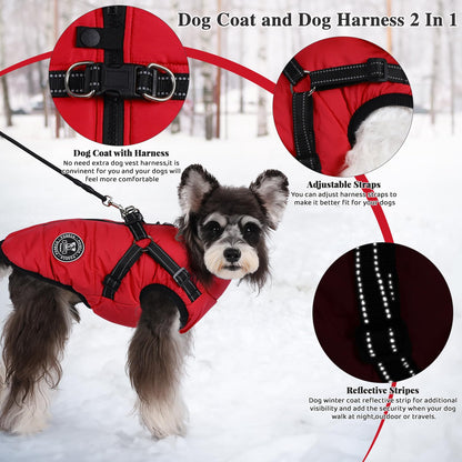Poseca Dog Coat with Harness,Dog Coats Waterproof,Small Dog Harness Jacket,Puppy Winter Fleece Jackets,Winter Waterproof Coat with Reflective Harness and Zipper for Small Medium Large Dogs