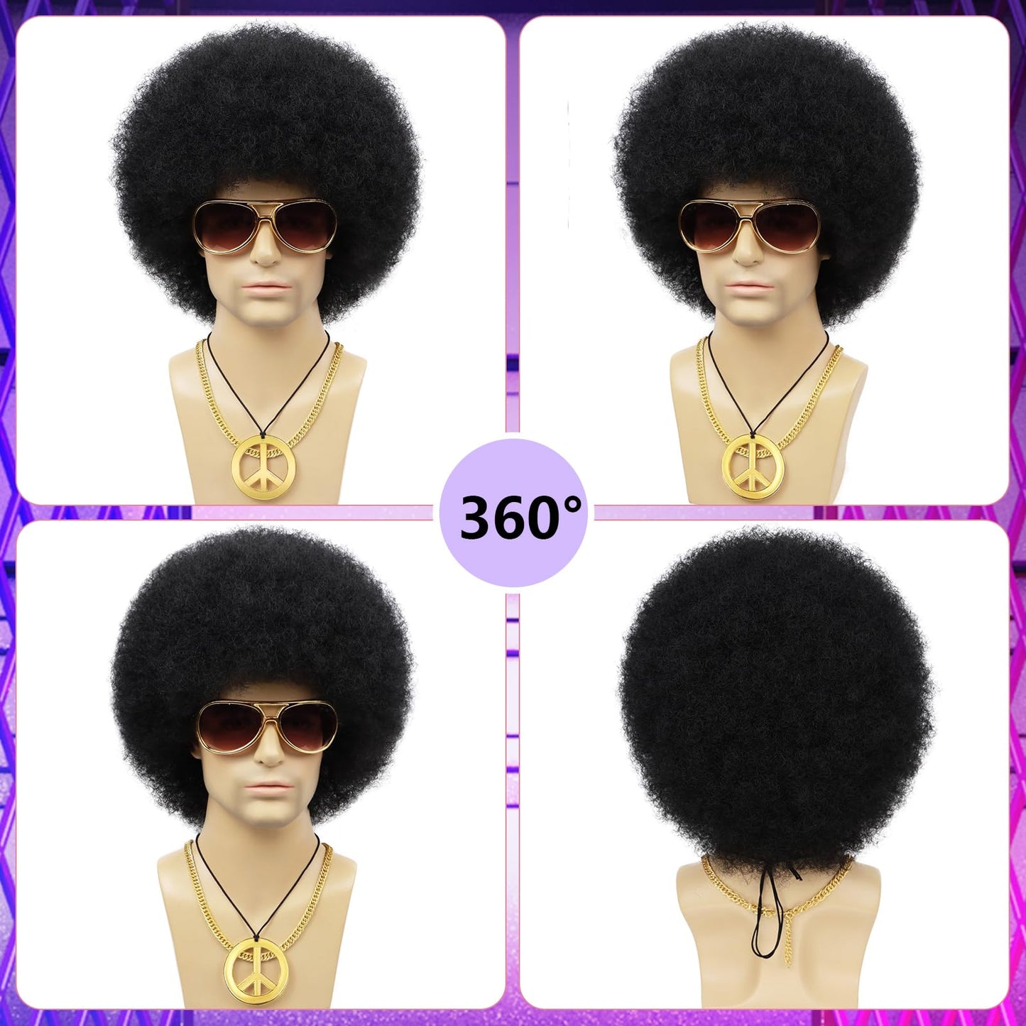 Tereshar 70s Mens Afro Wig for Disco Party, 5pcs Set (Glasses+ Golden Chain+Peace Sign Necklace+ Wig Cap) Black Afro Curly Retro Disco Hippie Wigs for 70s 80s Costume Halloween Cosplay Use