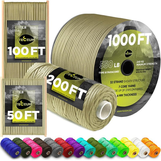 TECEUM Paracord Type III 550 Golden Sand – 50 ft – 4mm – Tactical Rope MIL-SPEC – Outdoor para Cord –Camping Hiking Fishing Gear and Equipment – EDC Parachute Cord – Strong Survival Rope 028 n1
