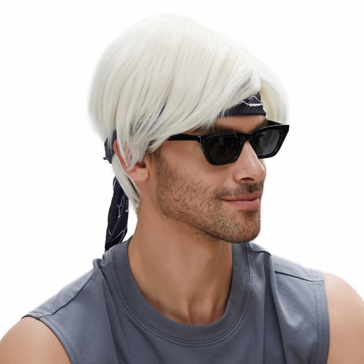 STfantasy Short Platinum White Men Wigs with Bangs Straight Layer Mens Wig+Sunglasses+Headscarf for Man Male Costume Halloween Cosplay Anime Party White Blond Wig Men