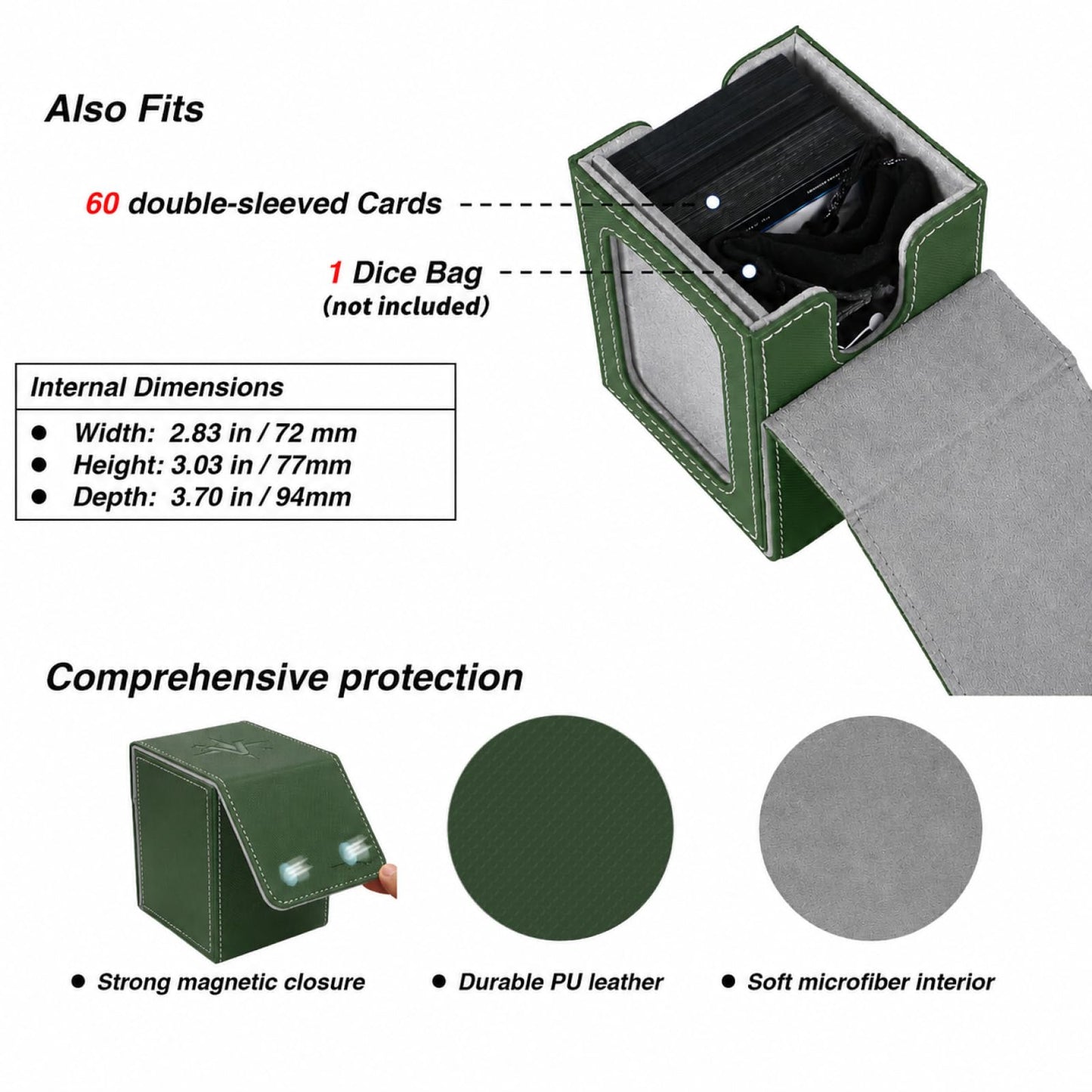Venssu MTG Deck Box for Commander Display,Card Deck Box Fits 100 Double Sleeved Cards, TCG Card Storage (Green and Grey, 1 window)