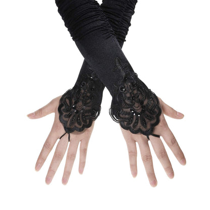 PENTA ANGEL 1920s Black Long Opera Gloves with Finger Loops Stretchy Fingerless Floral Embroidery Sequins Satin Evening Bridal Party Elbow Gloves for Women Theme Party Halloween Costume