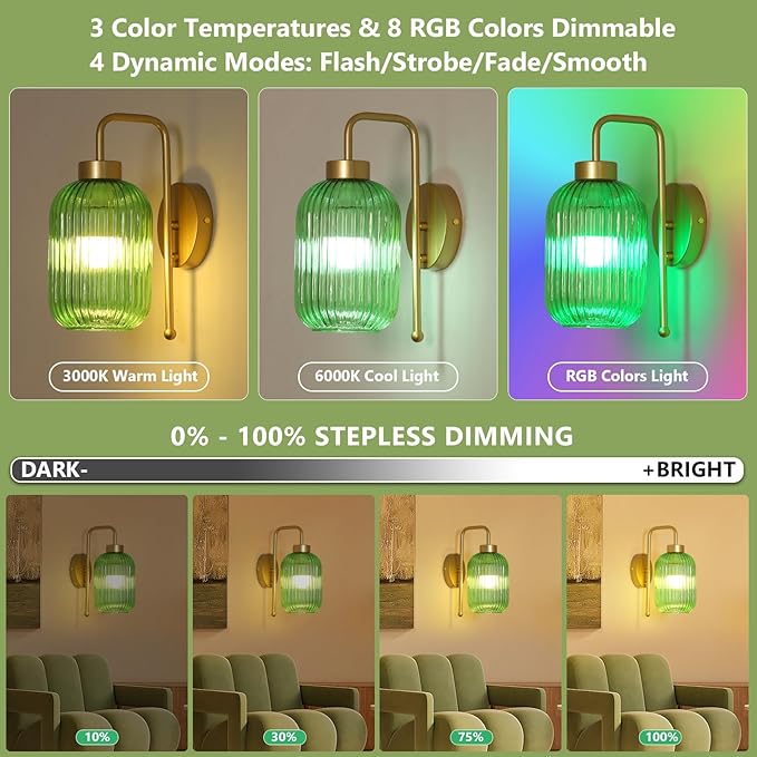 Vintage Battery Operated Wall Sconce with Green Glass Shade, Wireless Sconces Set of 2 with Remote and Dimmable Bulbs, Gold Rechargeable Cordless Wall Lights for Bedroom Living Room Bathroom