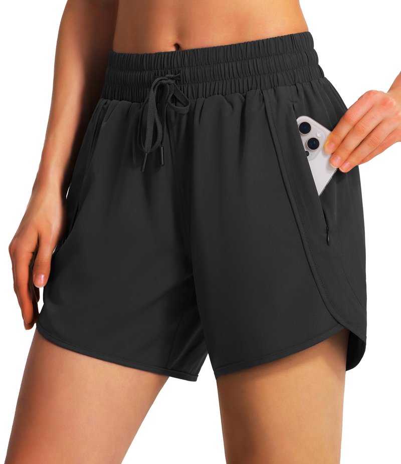 Ksmien Women's 5"/ 7" Athletic Running Shorts Quick Dry Lightweight Workout Gym Shorts with Zipper Pockets UPF 50+ Black M