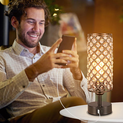 Hong-in Crystal Table Lamp,Black Lamp with USB C+A Ports, 3 Way Dimmable Light with Crystal Lampshade, Bedside Lamp Small Touch Light for Living Room Bedroom, Charge Phone (Bulb Included)