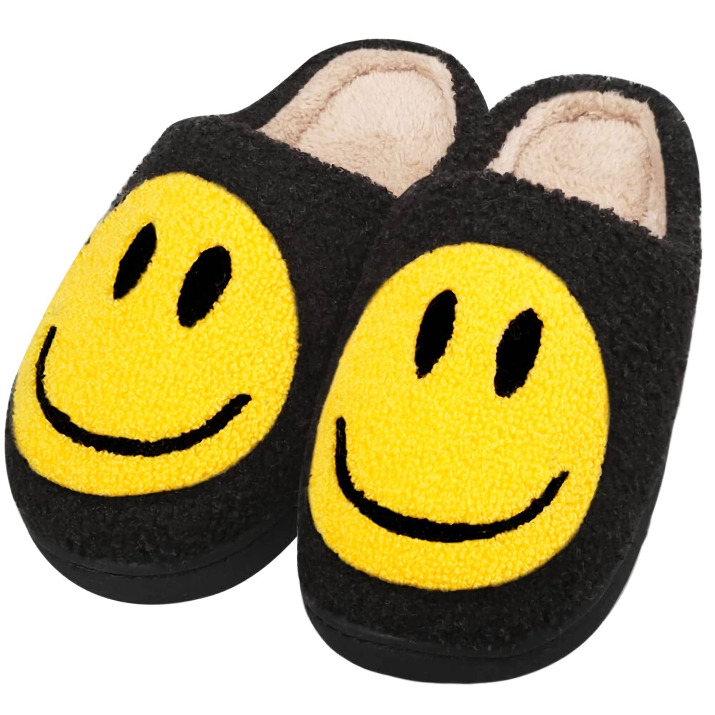 Smile Face Slippers for Women and Men, Retro Comfy Warm Soft Fuzzy Plush Slip-On House Shoes Funny Cute Happy Smile Home Winter Pillow Cloud Foam Fluffy Slipper for Indoor Outdoor,Black Size 12 13