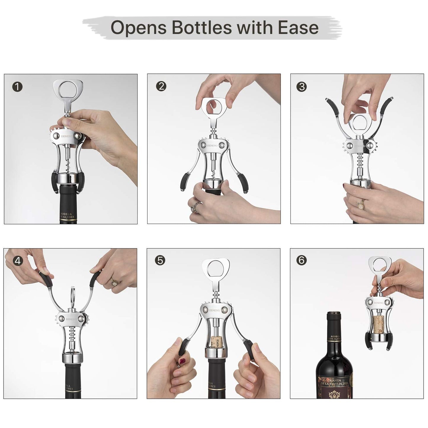 Beneno Wine Opener, Zinc Alloy Premium Wing Corkscrew with Multifunctional Bottles Opener, Sharp Wine Corkscrew with Ergonomic Non-Slip Wing Handle, Upgrade