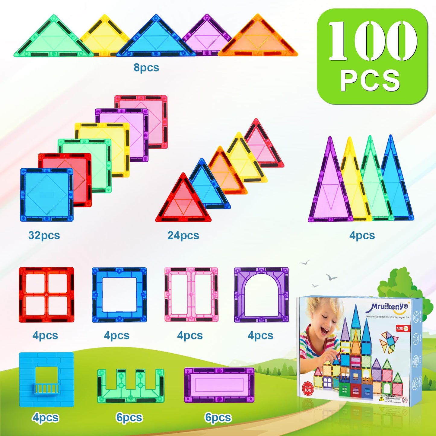 100PCS Magnetic Tiles Kids Toys - Magnetic Building Blocks STEM Magnet Building Set Preschool Learning Magnet Toys for Kids Ages 3-5 4-8, Sensory Montessori Toy for Toddlers 3+ Year Old Boys Girls