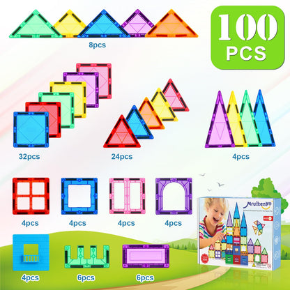 100PCS Magnetic Tiles Kids Toys - Magnetic Building Blocks STEM Magnet Building Set Preschool Learning Magnet Toys for Kids Ages 3-5 4-8, Sensory Montessori Toy for Toddlers 3+ Year Old Boys Girls