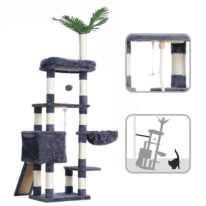 Heybly Cat Tree,Cat Tower for Indoor Cats, 65.4 inches Cat Condo with Perches, Basket, Feeding Bowl Station, Multi-Level Plush Furniture with Scratching Posts, Smoky Gray HCT015G