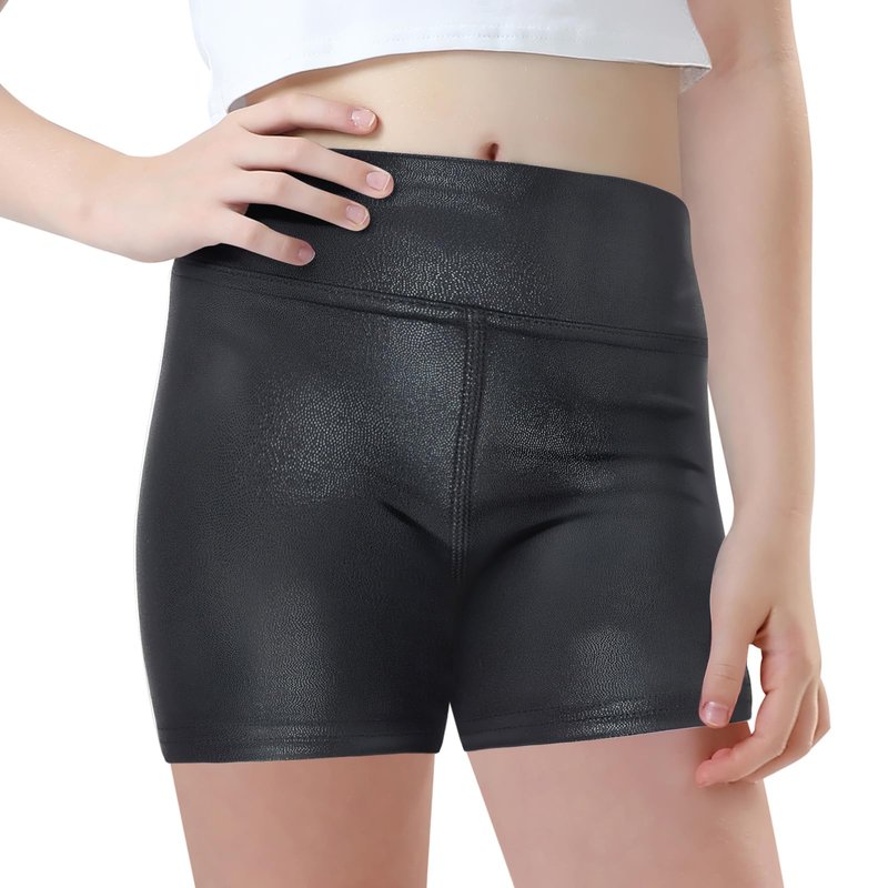 Gnainach Girls Athletic Shorts Sparkly Black Size 9-10 Years Old Stretchy High Waisted Bike Short for Kids Dance Exercise