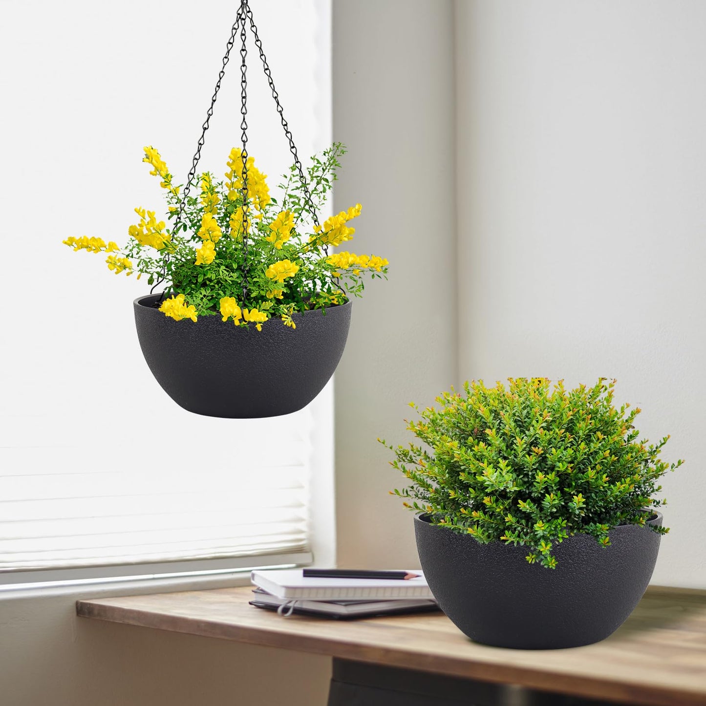 Meowell 8 inch Small Hanging Planters Plant Pots for Indoor Outdoor Plants, 2 Pack Hanging Flower Pots with Drainage Holes and Chain for Garden Porch, Plastic Hanging Baskets for House Plants, Black