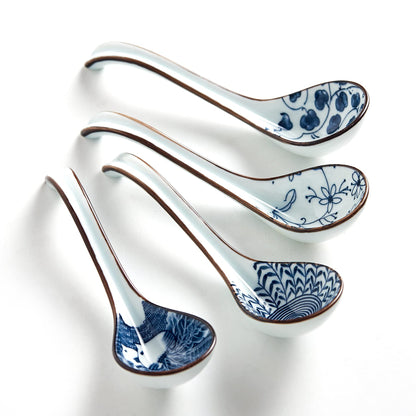 Ceramic Asian Soup Spoons, Easy to Hold, Long Handle Perfect Depth Spoon Set for Japanese Ramen Noodles, Chinese Dumpling, Pho, Miso, Wonton, Dishwasher Safe -Set of 4 - Blue