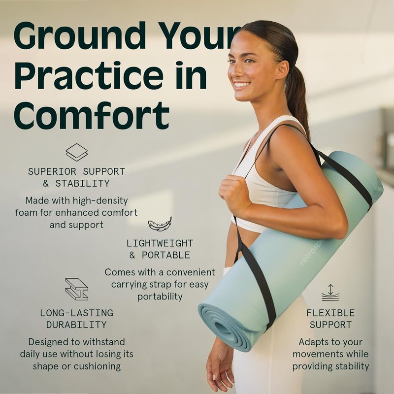 Retrospec Solana Yoga Mat - 1" Thick Non-Slip Exercise Mat for Home Yoga, Pilates & Fitness | Includes Nylon Strap