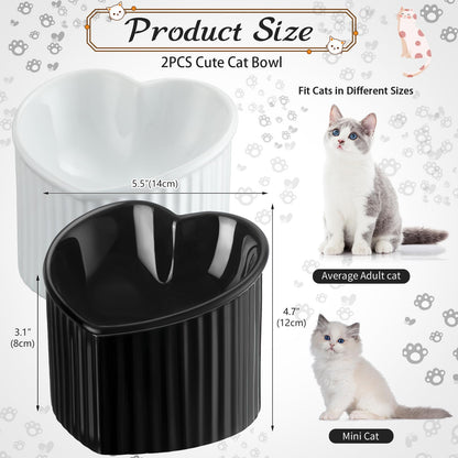Mumufy 2 Pcs Ceramic Elevated Cat Bowls Tilted Elevated Raised Pet Bowls Anti Vomit Cat Dish for Indoor Stress Free Water Dish Feeder for Puppies, Heart Shaped(Pearly White, Black)