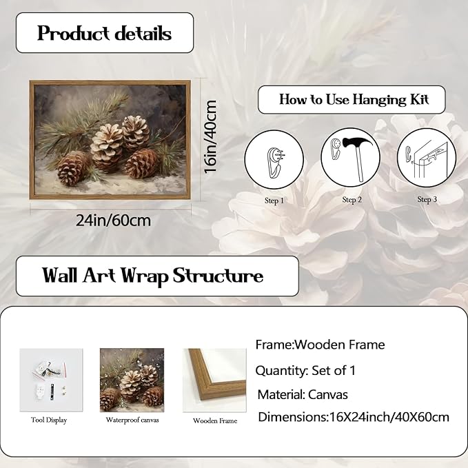 Framed Vintage Christmas Canvas Wall Art, Pine Cones Wall Decor Paintings, Winter Holiday Aesthetic Pictures Prints Rustic Home Decor for Living Room Bedroom Farmhouse 16×24 inch