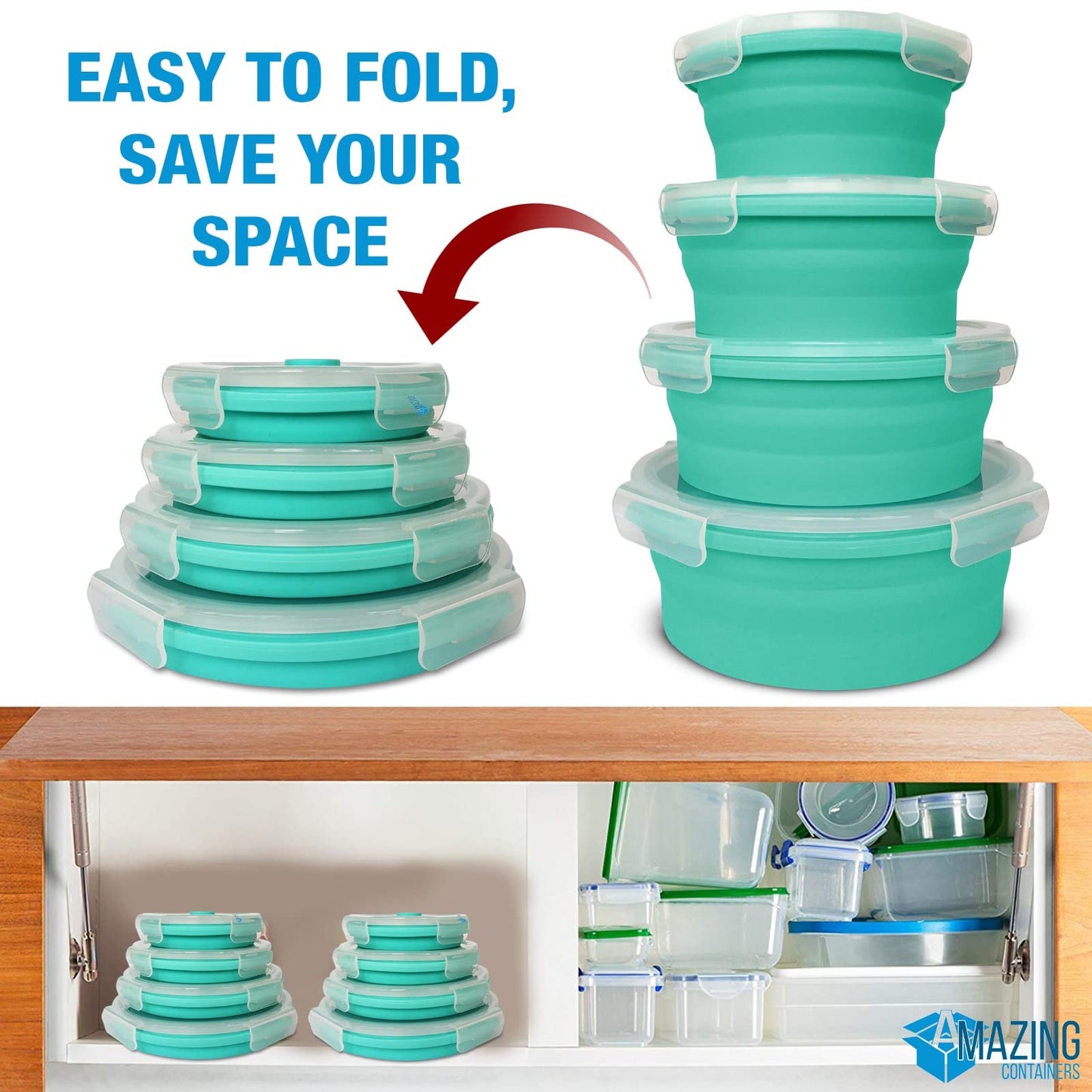 Collapsible Bowls for Camping, Set of 4 Silicone Food Storage Containers with Lids, Rv storage and organization, Rv Kitchen Accessories, BPA Free, Microwavable, Freezer, Dishwasher Safe
