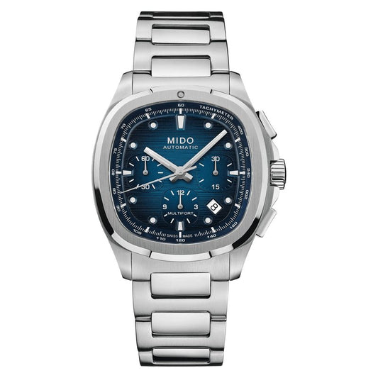MIDO Multifort TV Chronograph - Swiss Automatic Watch for Men - Blue Dial- 41.2 x 42mm Stainless Steel Case and Bracelet with Additional Blue Fabric Strap - M0495271104100