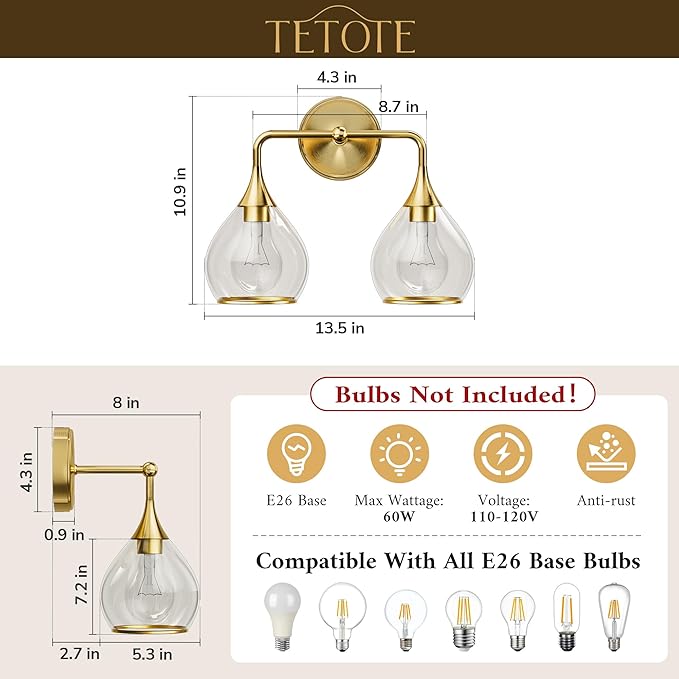 TETOTE 2-Light Modern Bathroom Light Fixtures, 2 Light Vanity Lights Over Mirror Gold Wall Lamp with Clear Glass for Bathroom, Mirror, Living Room, Bedroom, Hallway