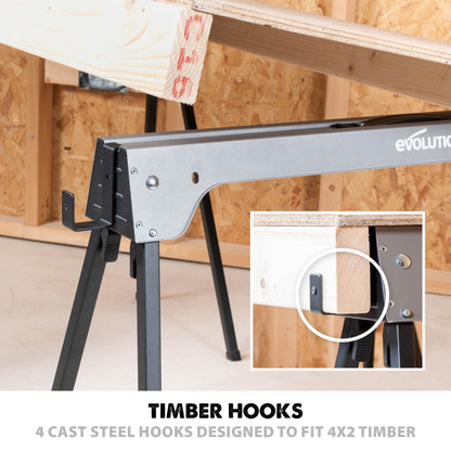 Evolution Power Tools Compact Folding Saw Horses Twin Pack (Aka Saw Bench, Sawhorse Pair) - Supports Up to 500KG - Lightweight & Portable (EVOSH1)