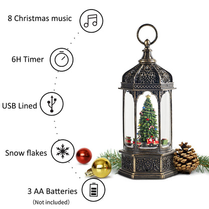 Christmas Snow Globes,Snow Ball Christmas with Music,6H Timer Cylindrical Flashing Snow Ball,Bronze Christmas Music Box Including 8 Songs, Lantern with Christmas Tree
