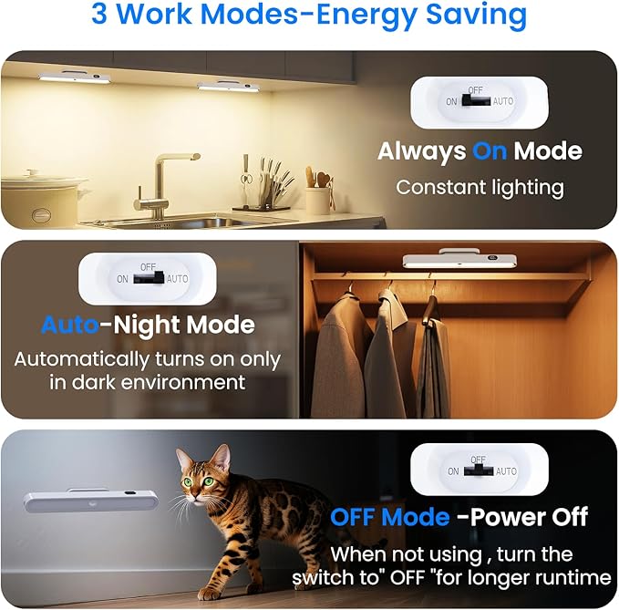 Under Cabinet Lighting Battery Operated 3000mAh Rechargeable,New Closet Motion Sensor Lights Indoor, Power Display 3 Color Temps Dimmable 300LM Magnetic Light Bar for Kitchen Counter(White)