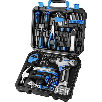 DEKOPRO Drill Set: Tool Set with 8V Blue Cordless Drill, Home Tool Kit with Drill, Hand Tool Kits for Men & Women 126 Piece
