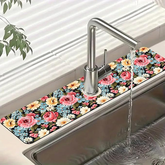 Colorful Flowers Sink Faucet Absorbing Mat Vintage Floral Super Absorbent Fast