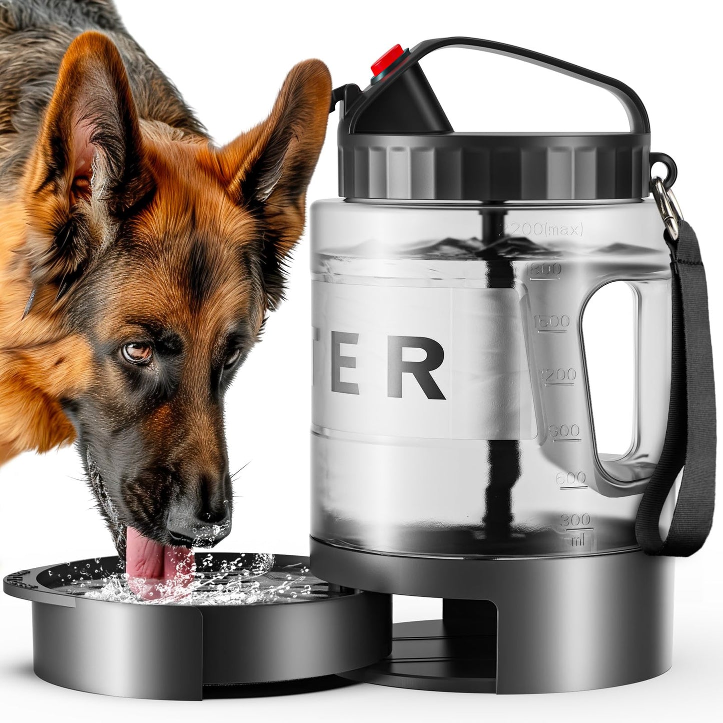 77oz Large Dog Water Bottle - Portable Travel Dog Water Dispenser & Bowl - Leak-Proof Pet Water Jug for Hiking, Camping, Walking & Car Trips, Black